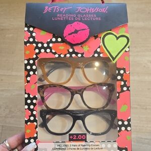 New Betsey Johnson Set of Three Stylish +2.00 Reading Glasses